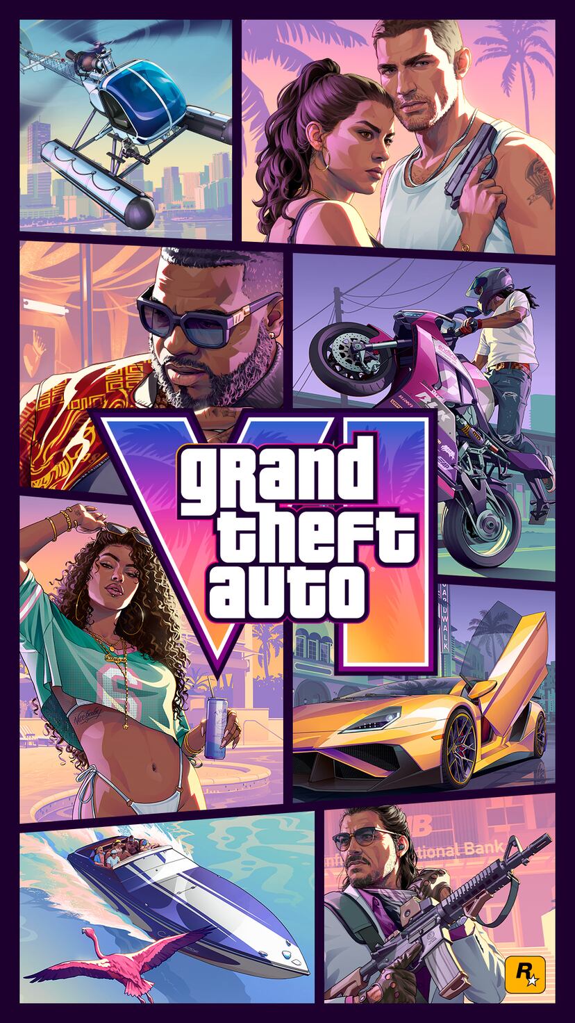 Official Grand Theft Auto VI cover art featuring Lucia, Jason, vehicles, and scenes from Leonida